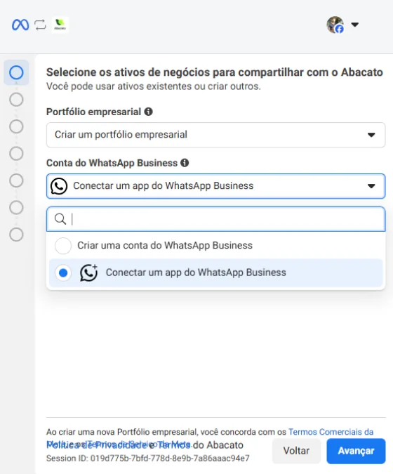 Tela de seleção de ativos de negócios da Meta