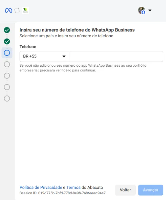 Tela para inserir número de telefone