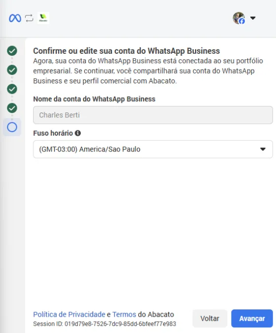 Tela de confirmação dos dados da conta