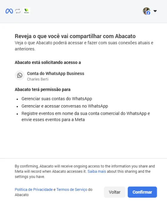 Tela de revisão de permissões