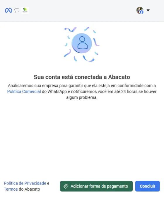Tela de confirmação de conta conectada